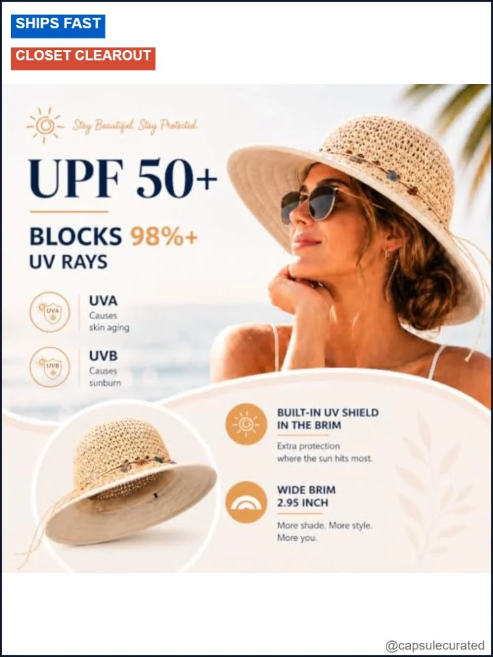 Womens Sun Hat UPF50+ Wide Brim Handwoven Straw Ponytail Cooling Travel